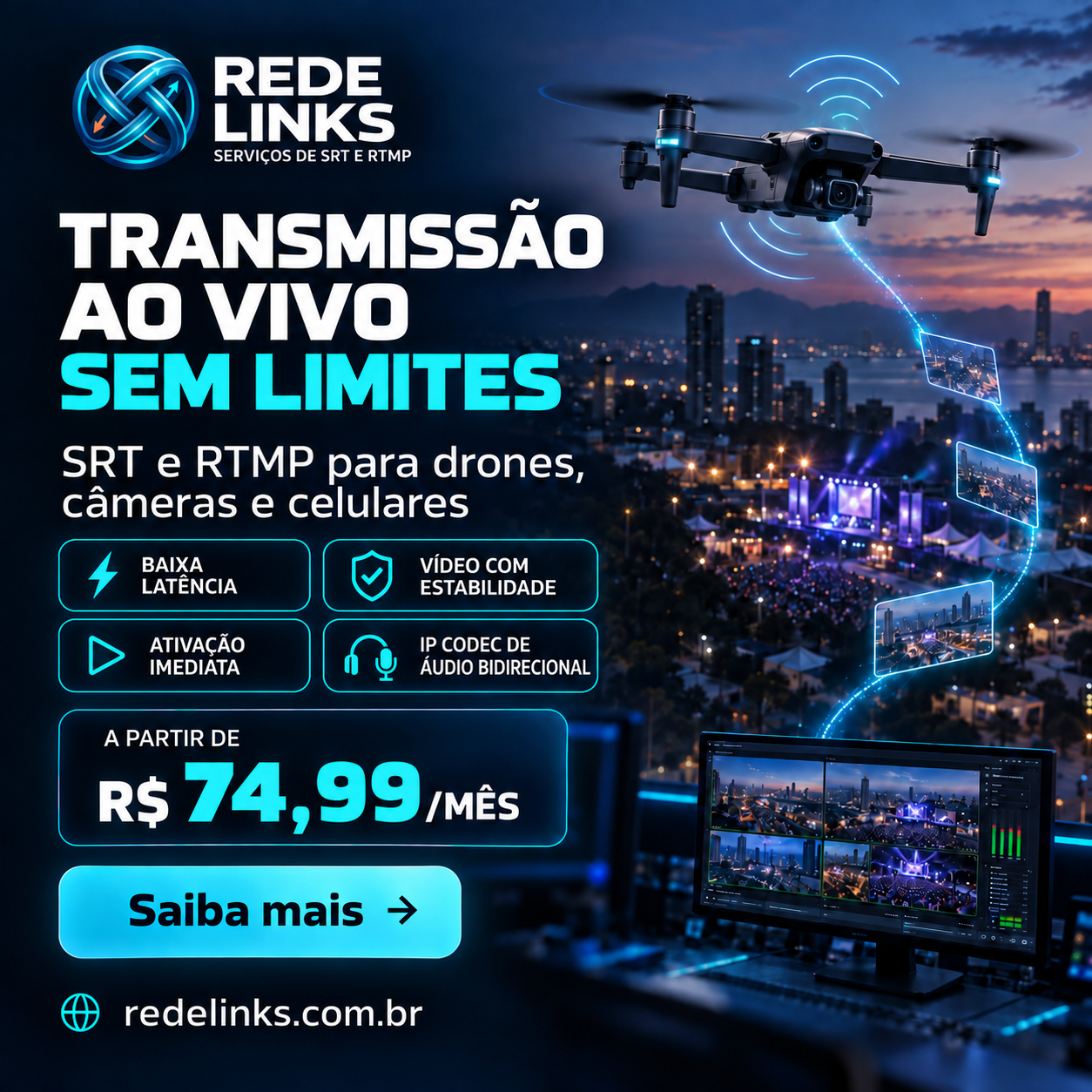 Arte da Rede Links mostrando transmissão ao vivo por drone